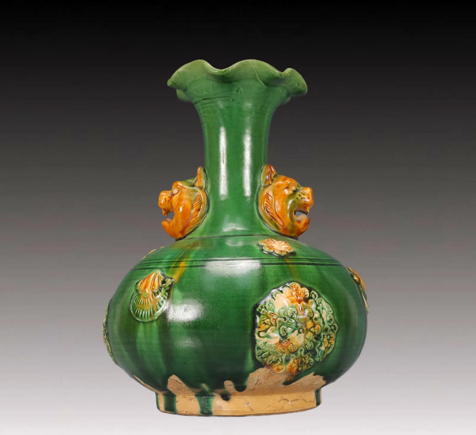 An Exquisite Tang Tri-Color Glazed Pottery Flower Pattern Beast-Ears Vase