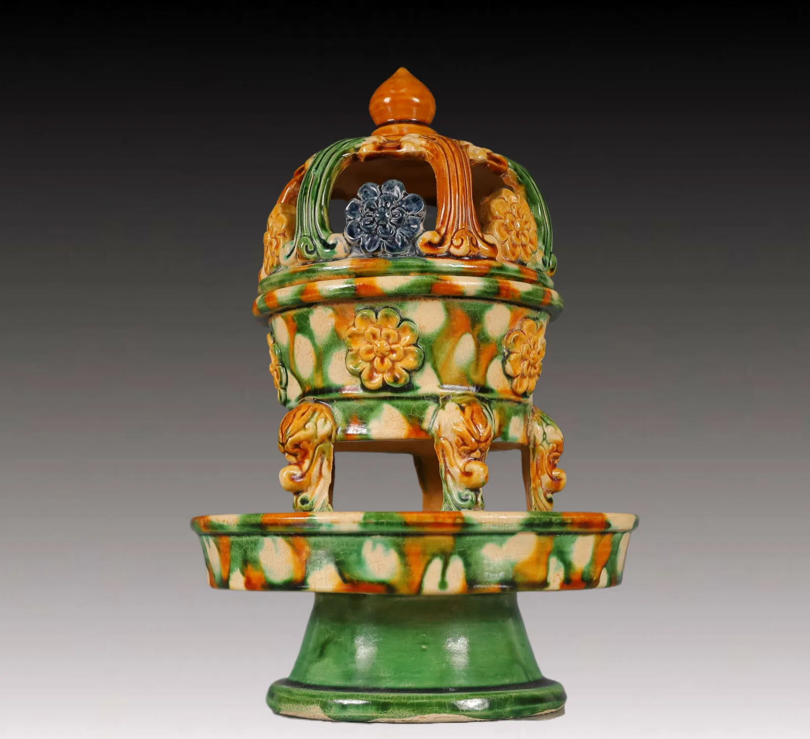 An Exquisite Tang Tri-Color Glazed Pottery Flower Pattern Censer
