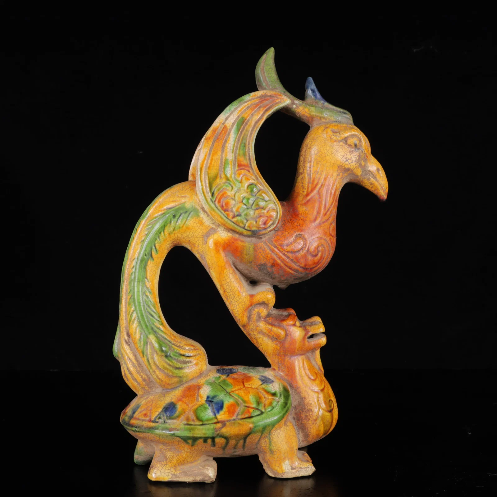 An Exquisite Tang Tri-Color Glazed Pottery Phoenix Pattern Turtle Ornament