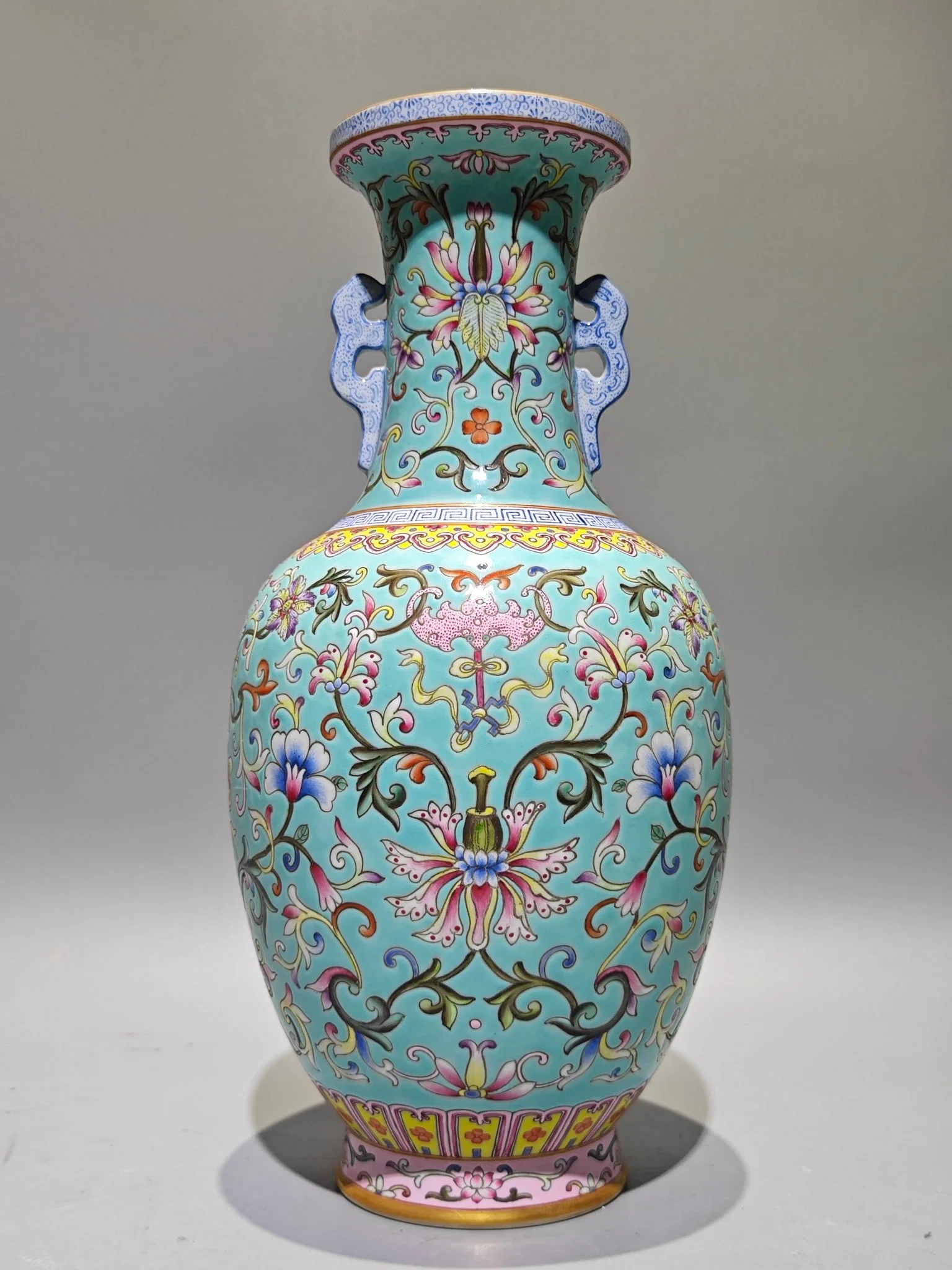 An Exquisite Turquoise Glazed Enamel Lotus Pattern Double-Ears Vase