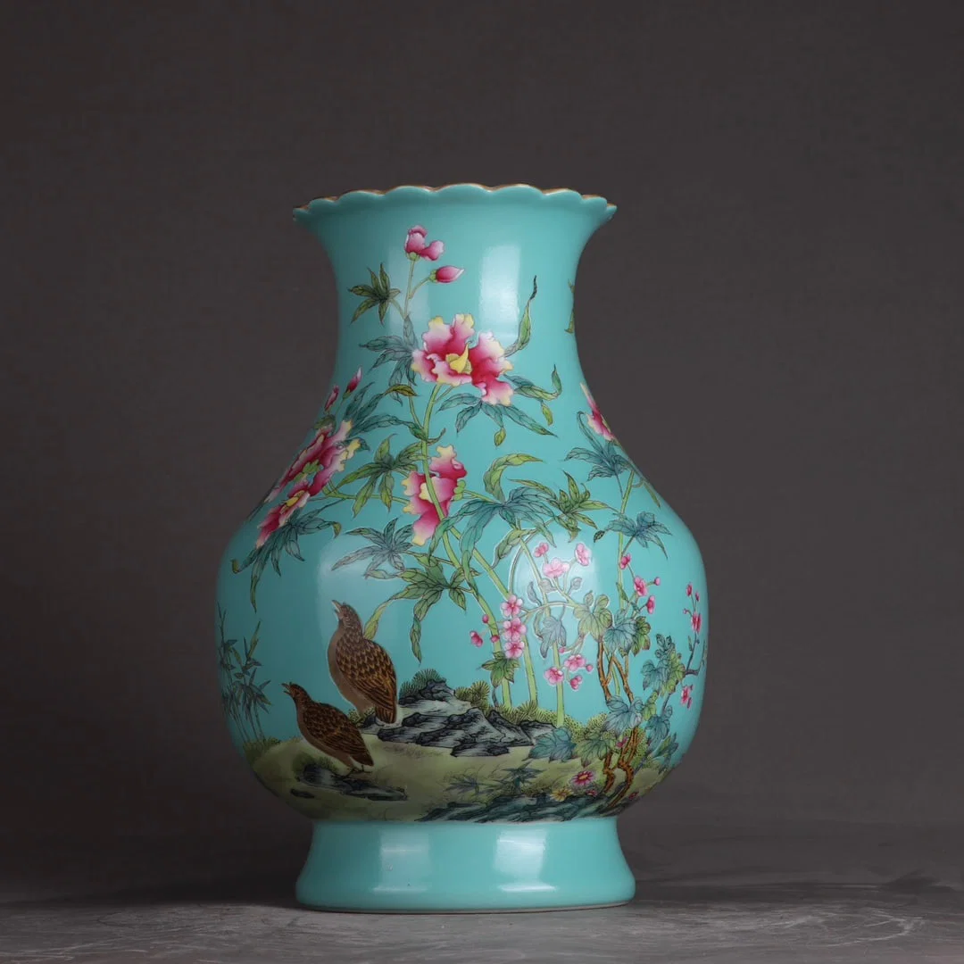 An Exquisite Turquoise Glazed Famille-Rose Flower and Bird Pattern Vase,with poem