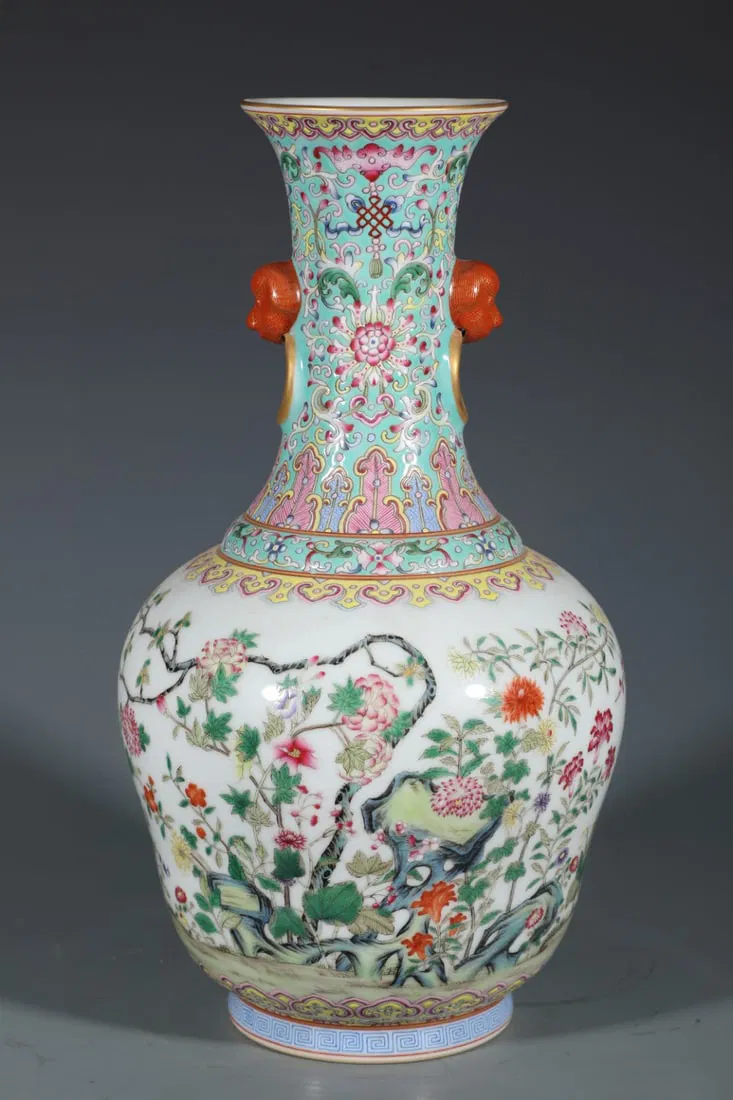 An Exquisite Turquoise Glazed Famille-Rose Flower Pattern Beast-Ears Vase