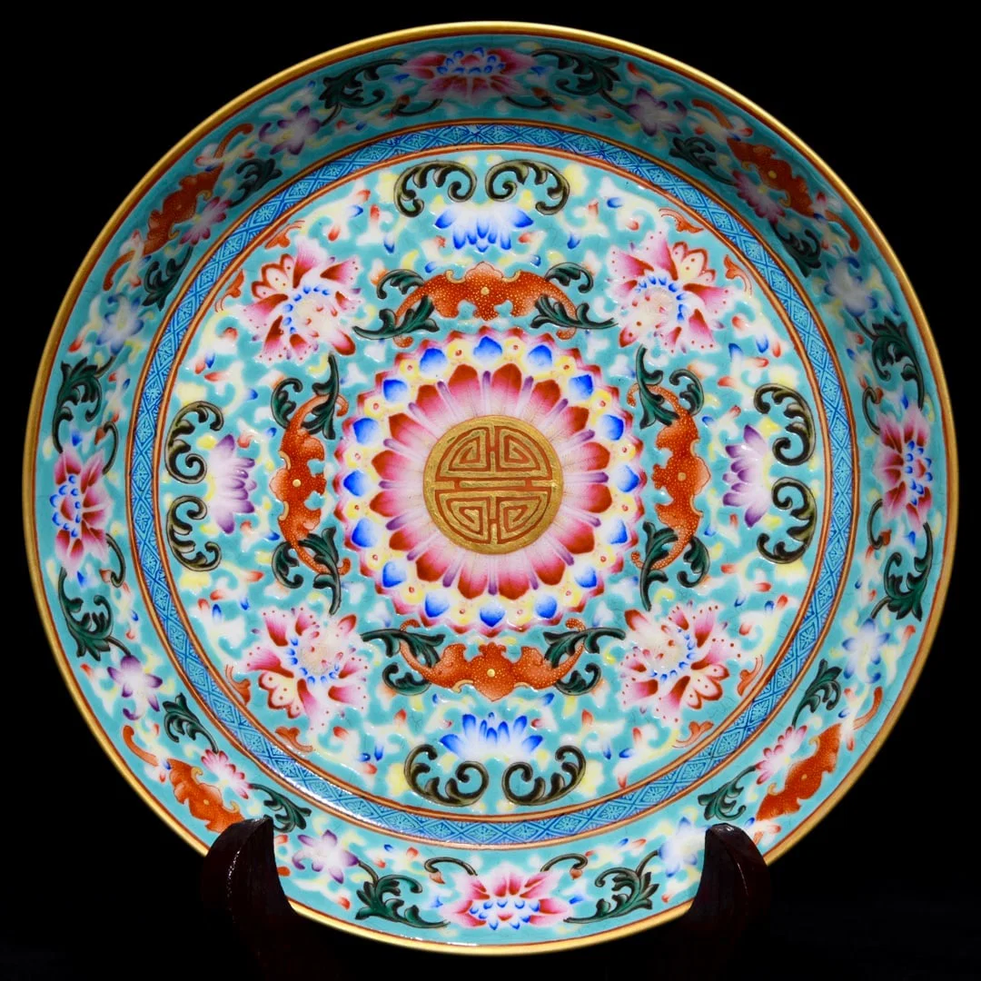An Exquisite Turquoise Ground Enamel Painted Gold Lotus,Bats and Peach Pattern Water Pot