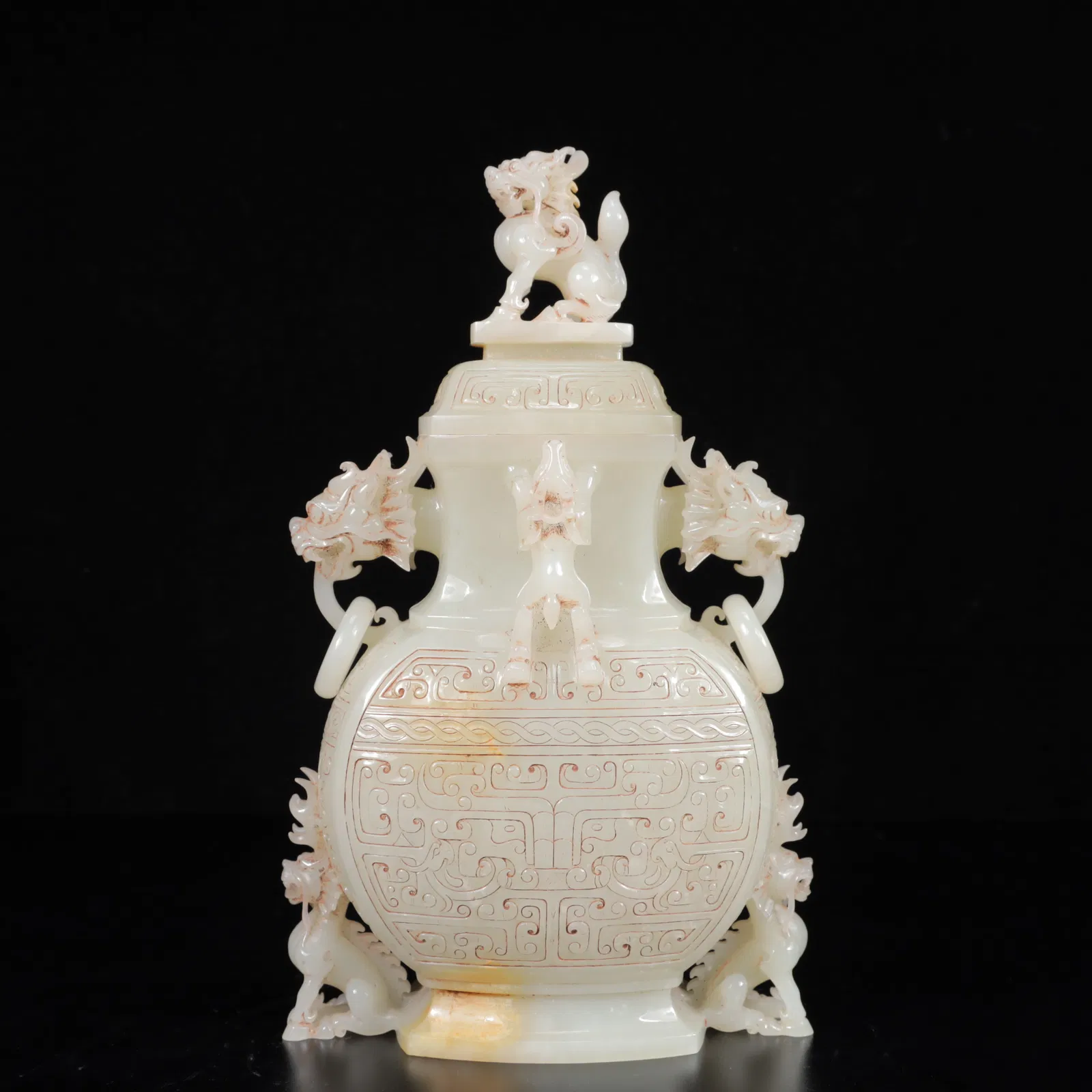 An Exquisite White Jade Beast-Face Pattern Dragon-Ears and Dragon Legs Vase