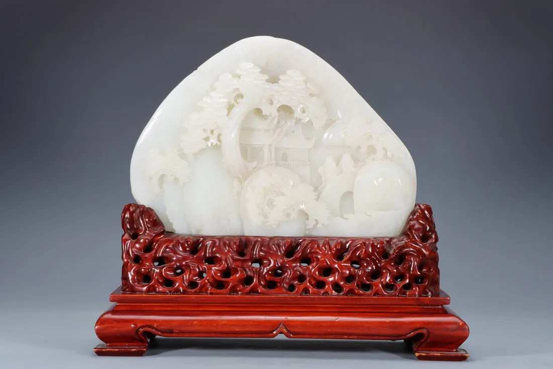 An Exquisite White Jade Character and Story Pattern Rockery Ornament