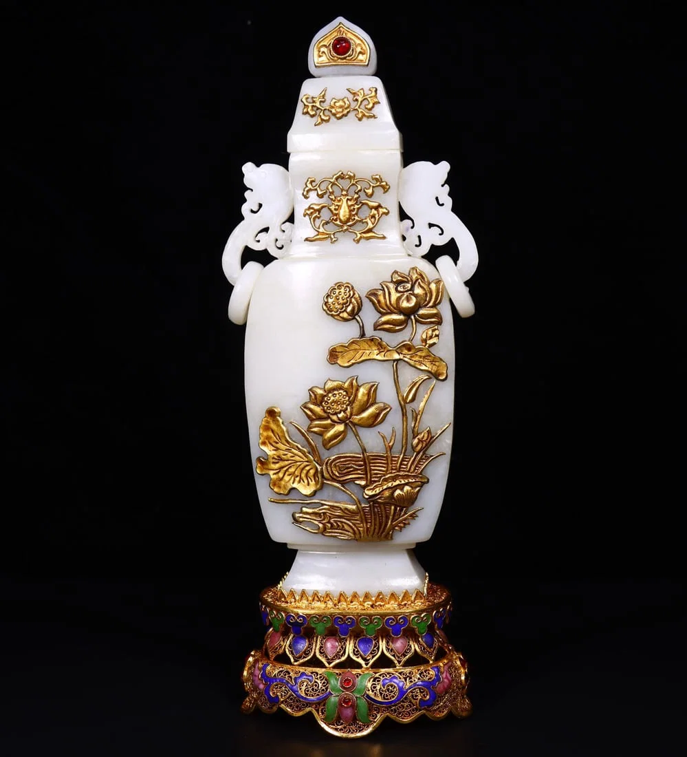 An Exquisite White Jade Cover with Gold Lotus Pattern Double-Ears Vase with Cover