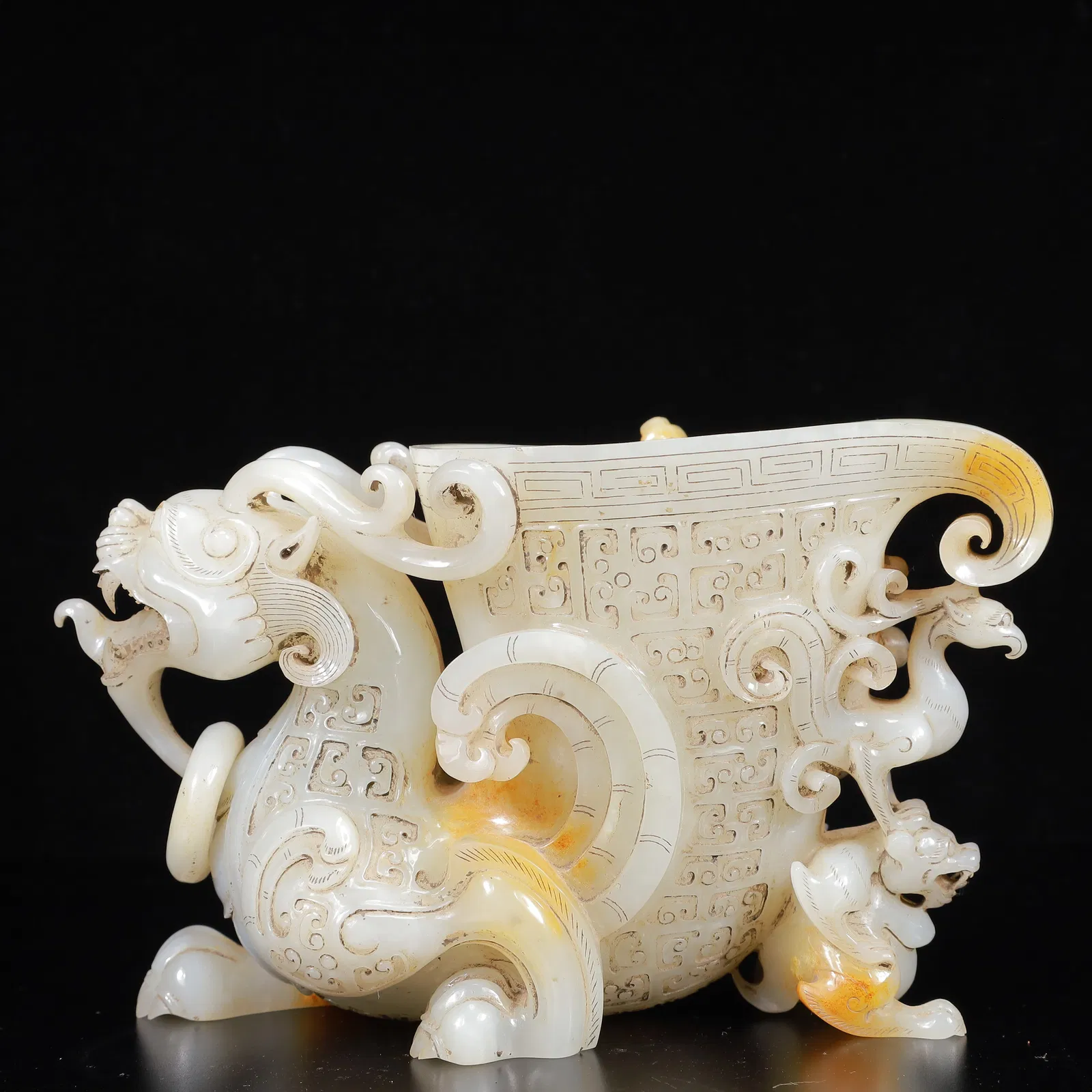 An Exquisite White Jade Dragon and Phoenix Cup