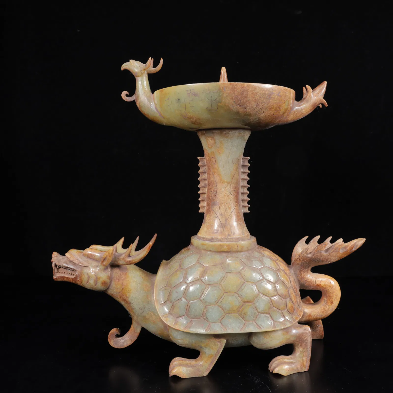 An Exquisite White Jade Dragon and Turtle Candlestick