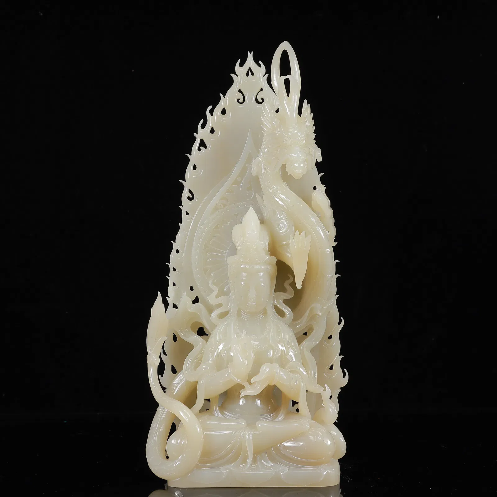 An Exquisite White Jade Dragon Pattern Statue of Avalokitesvara