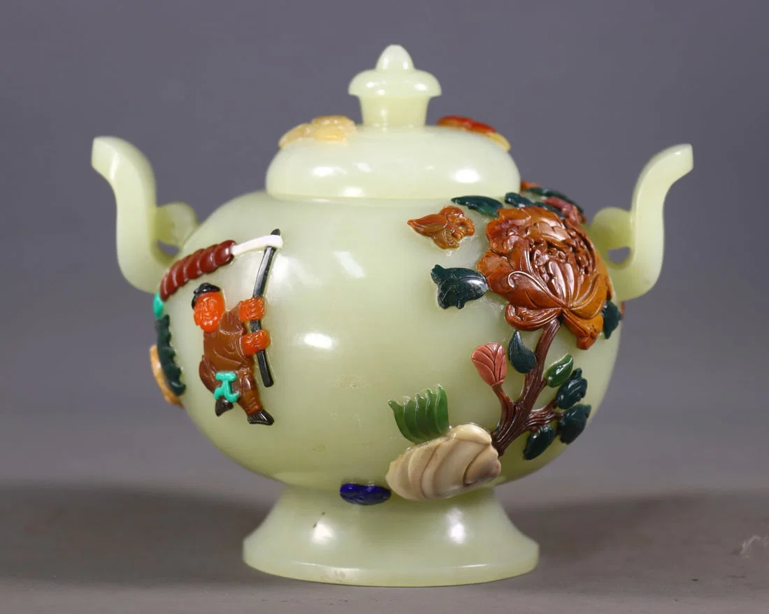 An Exquisite White Jade Figure and Story Pattern Double-Ears Censer,Inlaid Gems