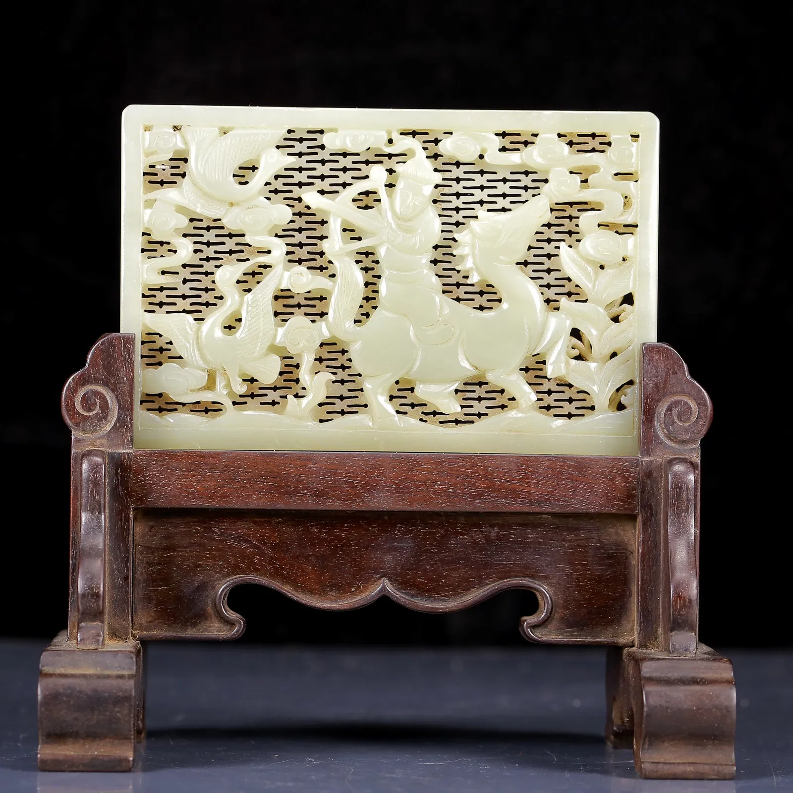 An Exquisite White Jade Figure Riding Horse Pattern Table Screen