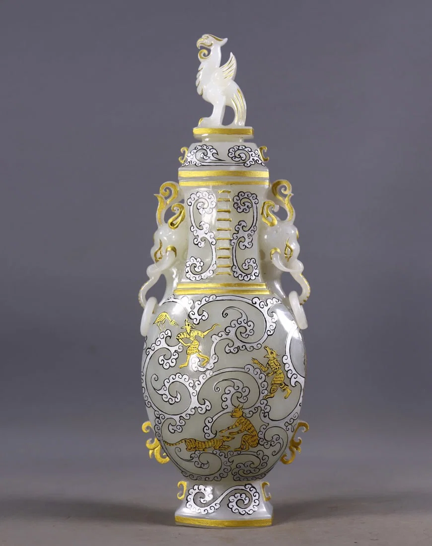 An Exquisite White Jade Gilt Painted Color Auspicious Beast Pattern Elephant-Ears Bottle