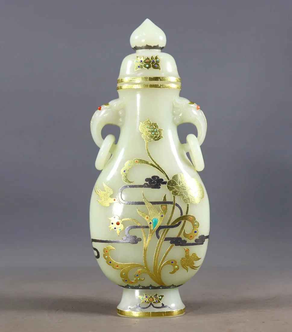 An Exquisite White Jade Gold and Silver Inlaid Gems Flower and Bird Pattern Double-Ears Vase