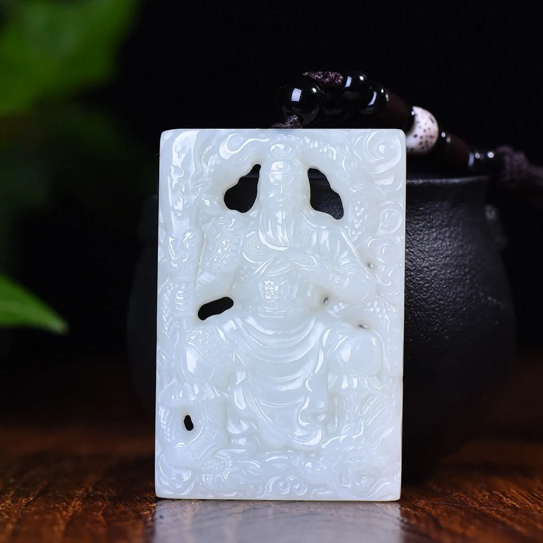 An Exquisite White Jade Hollow Guangong and Dragon Pattern Pendant