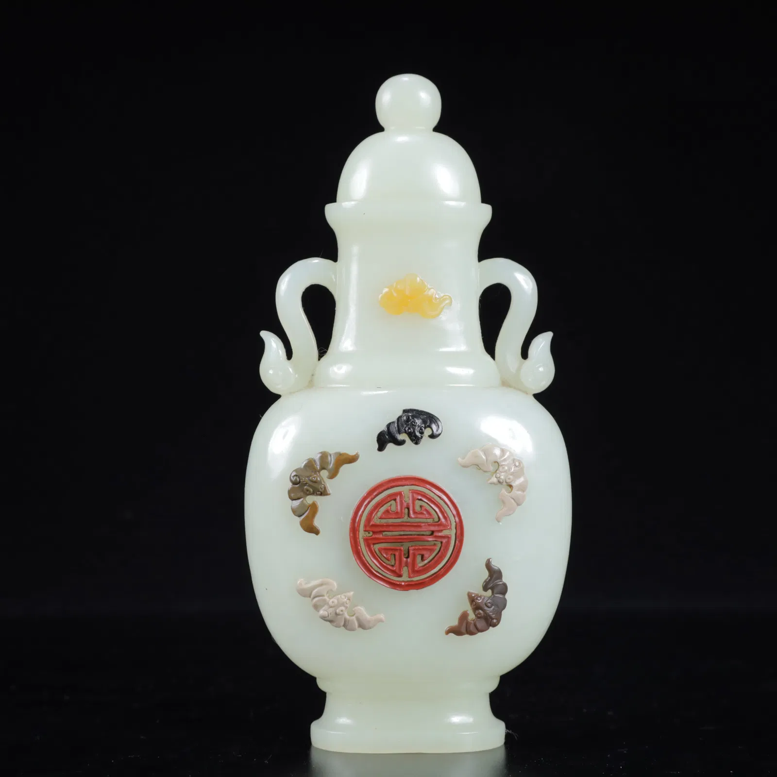 An Exquisite White Jade Inlaid Gems Auspicious Cloud Pattern Double-Ears Pot