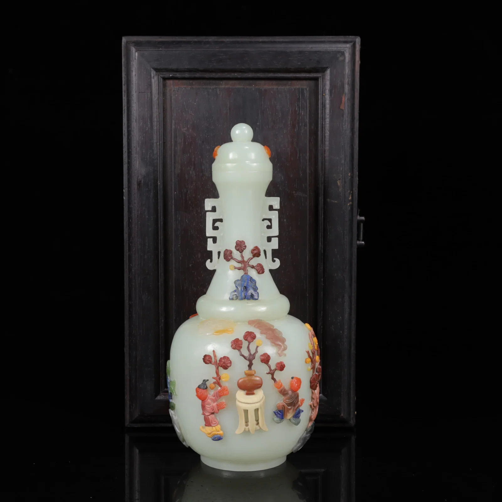 An Exquisite White Jade Inlaid Gems Character and Story Pattern Double-Ears Bottle