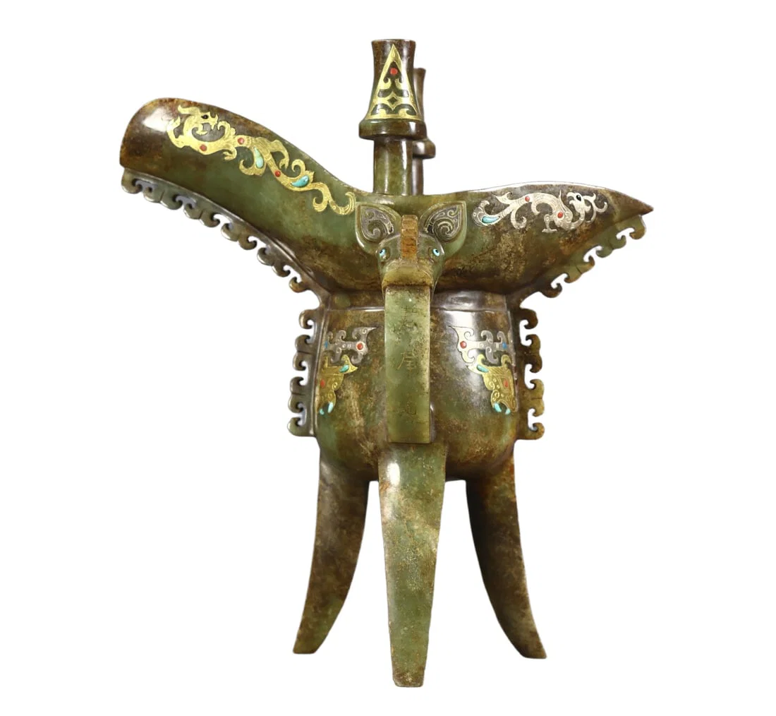 An Exquisite White Jade Inlaid Gold and Silver Beast-Face Pattern Tripod Goblet