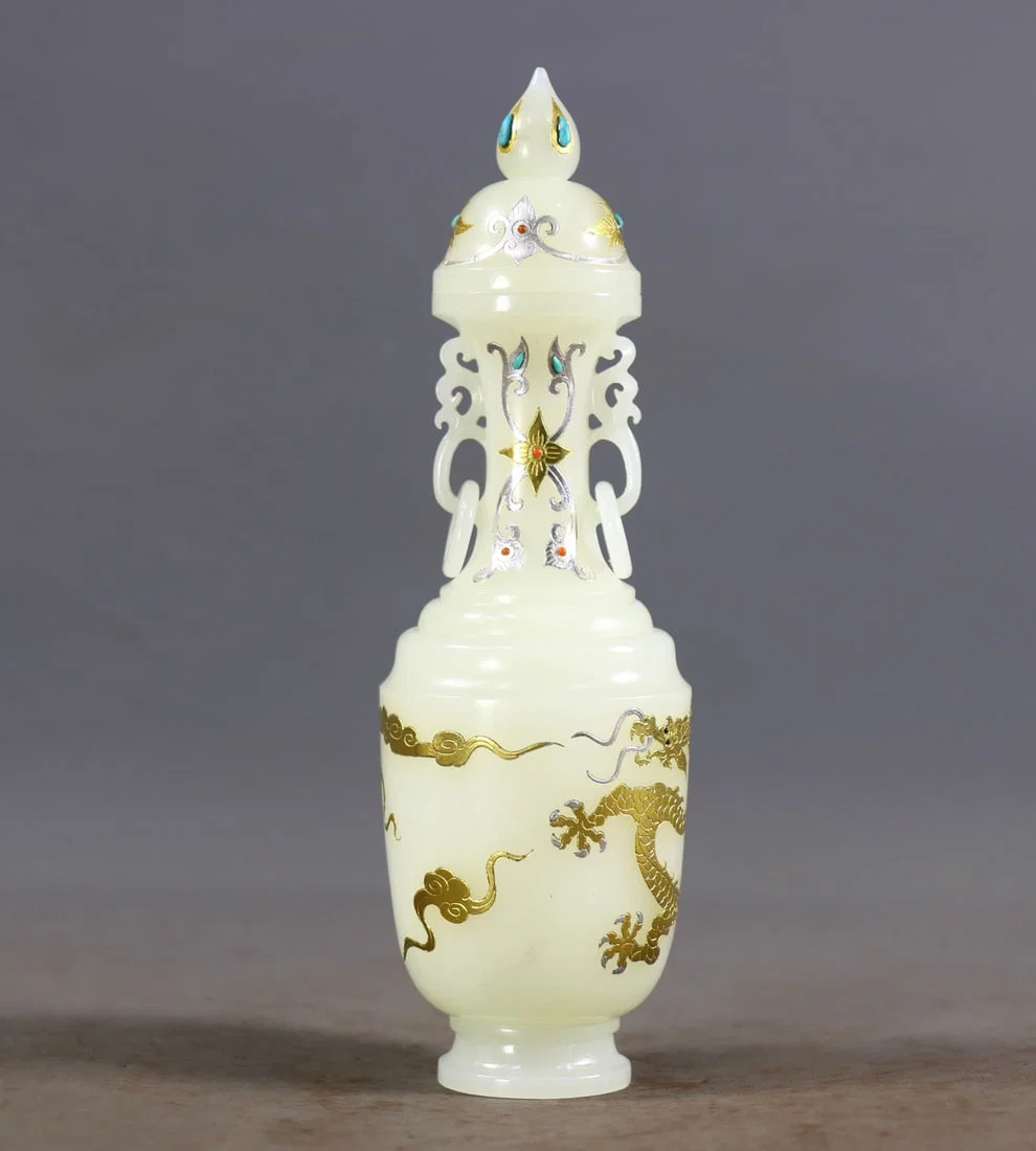 An Exquisite White Jade Inlaid Gold and SilverAuspicious Cloud and Dragon Pattern Double-Ears Bottle