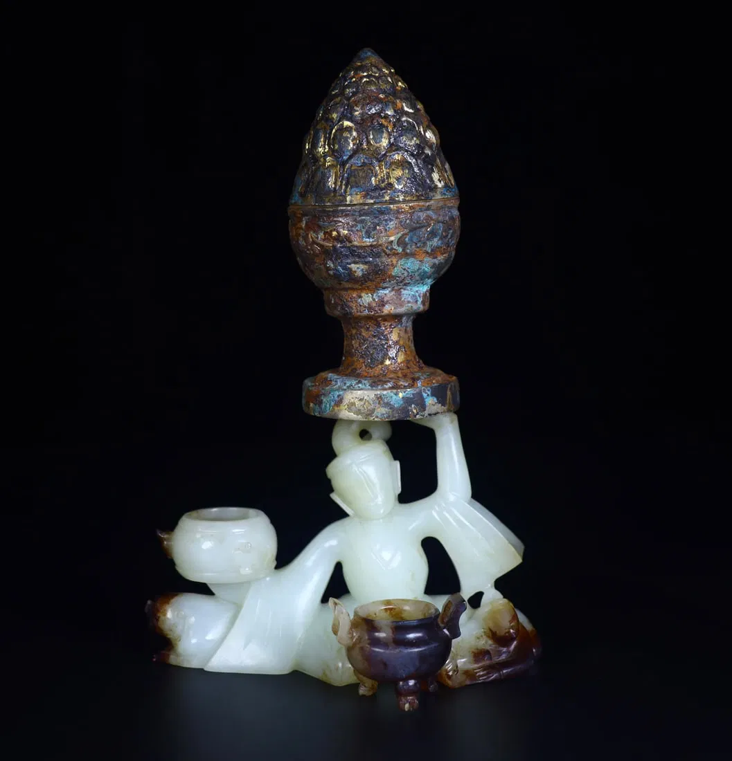 An Exquisite White Jade Inlaid Silver Figure-Shaped Censer