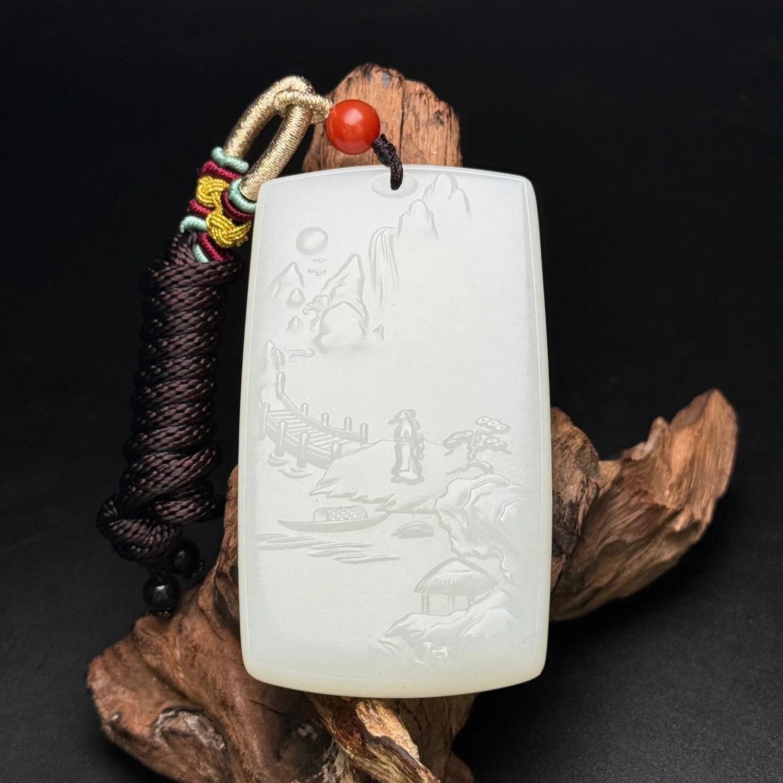 An Exquisite White Jade Landscape and Figure Pattern Pendant