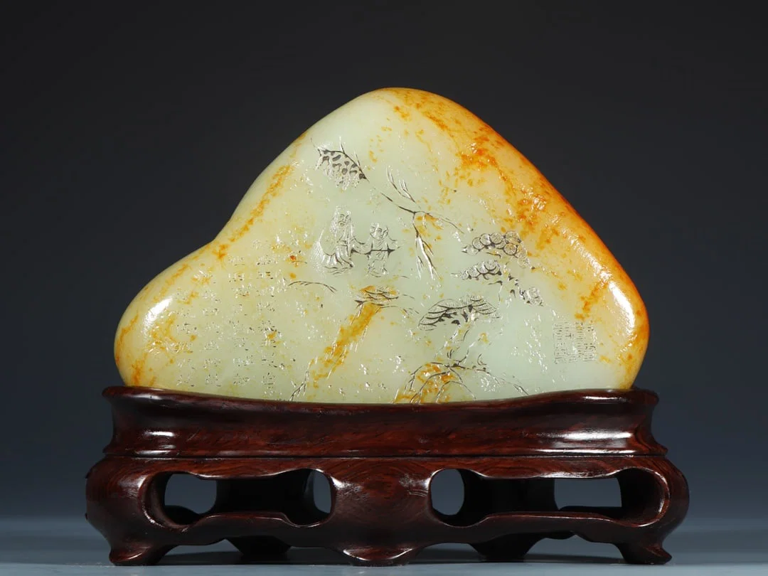 An Exquisite White Jade Landscape and Figure Pattern with poem Rockery Ornament
