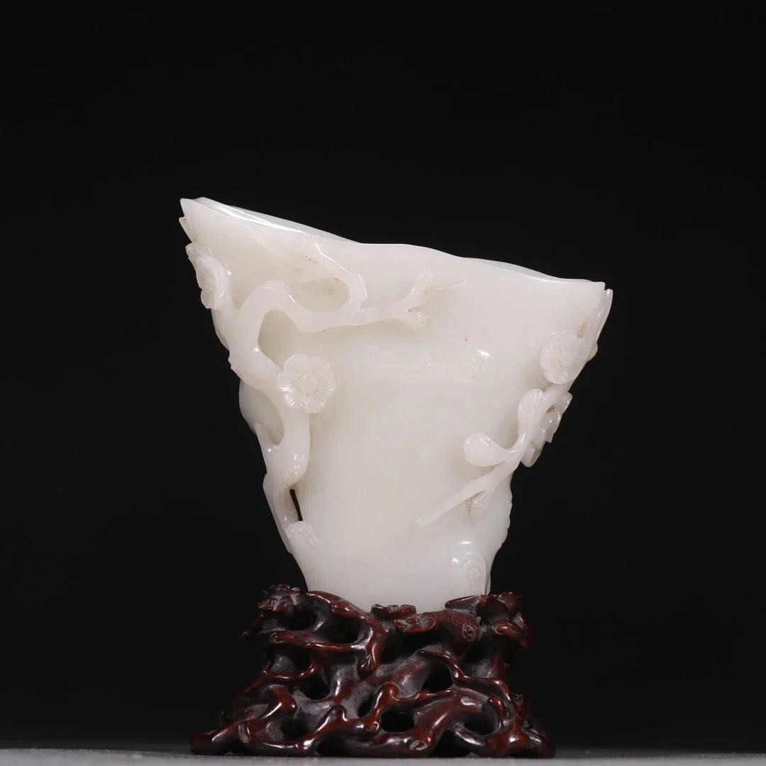 An Exquisite White Jade Plum Blossom Pattern Cup,With Zitanwood Base