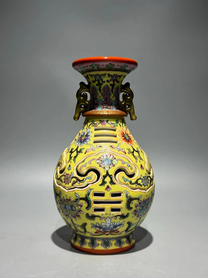 An Exquisite Yellow Ground Enamel Eight Treasures Pattern Double-Ears Vase