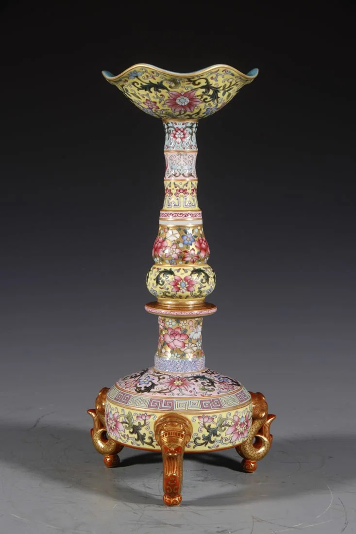 An Exquisite Yellow Ground Enamel Lotus Pattern Candlestick