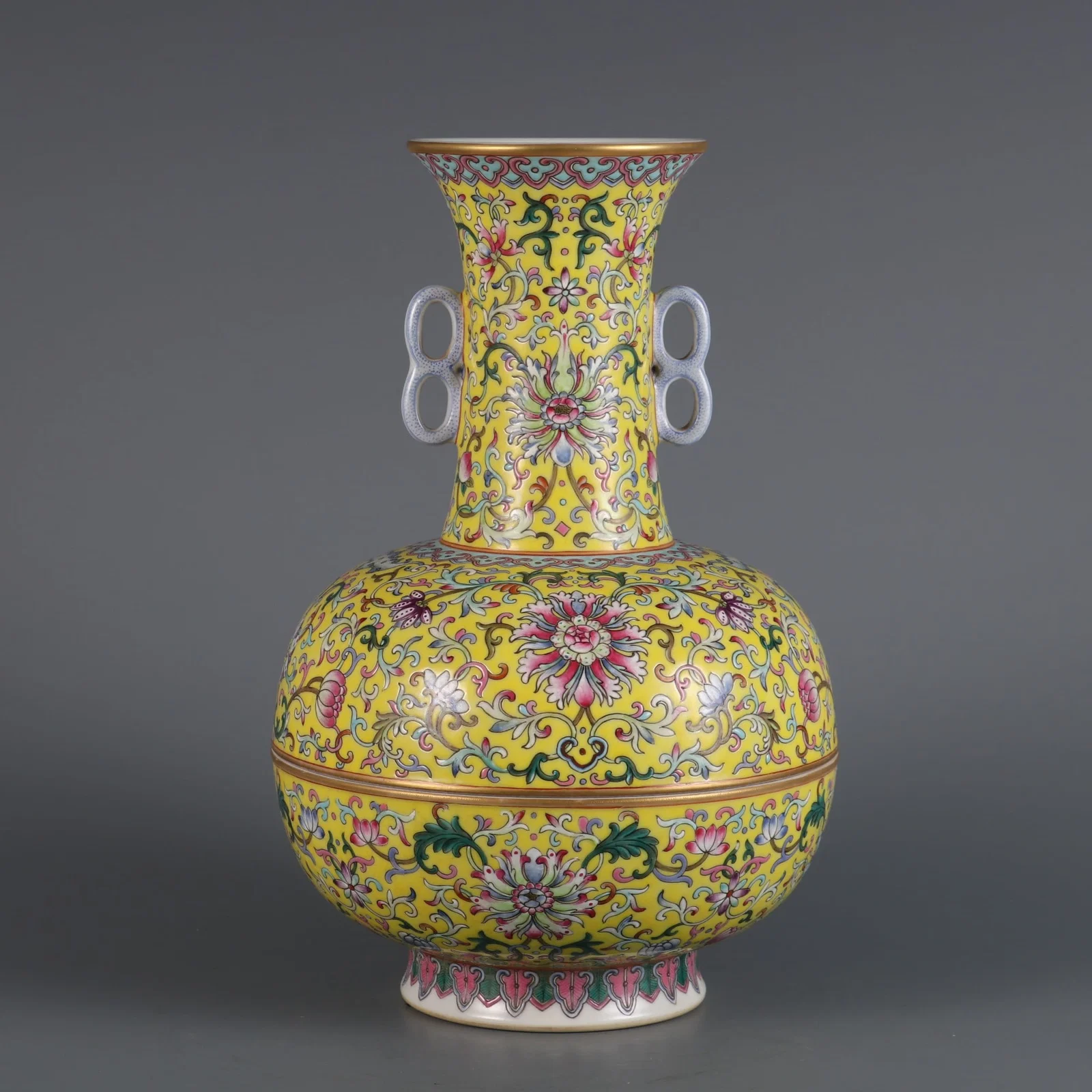 An Exquisite Yellow Ground Famille-Rose Lotus Pattern Double-Ears Vase