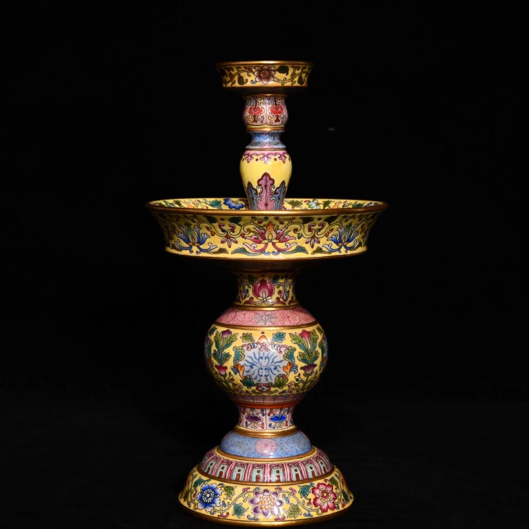 An Exquisite Yellow Ground Famille-Rose Painted Gold Flower Pattern Candlestick