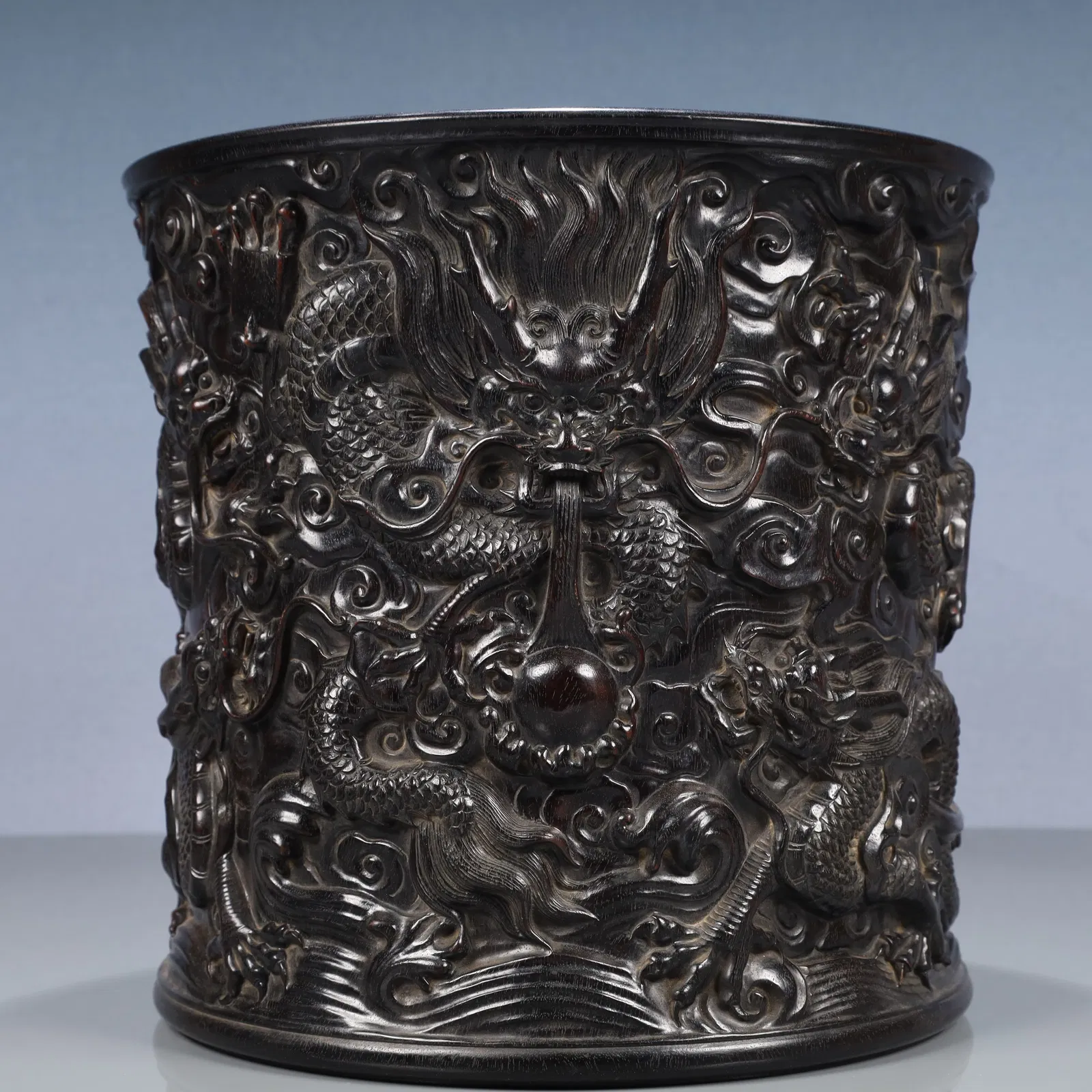 An Exquisite Zitanwood Auspicious Cloud and Dragon Pattern Brush Pot