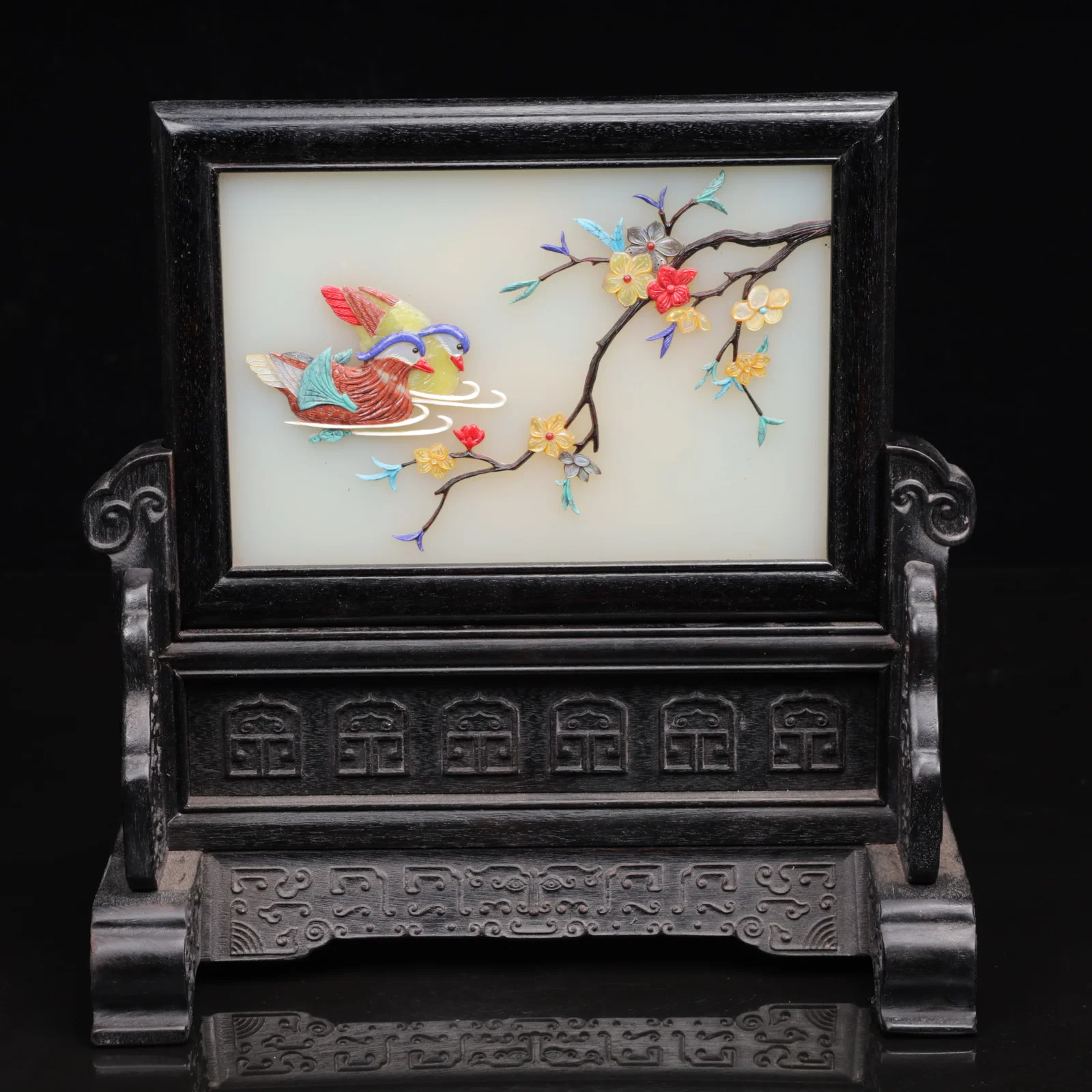 An Exquisite Zitanwood Inlaid Gems Animal Pattern Table Screen