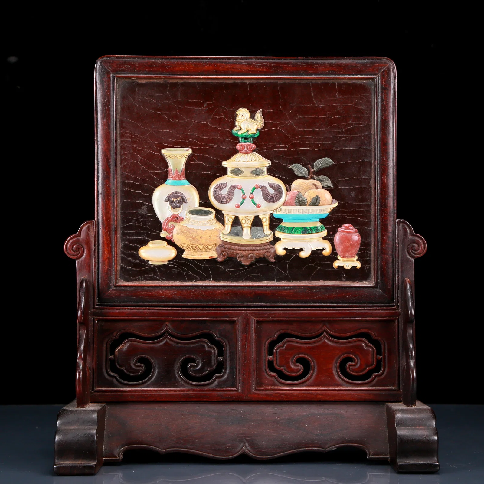 An Exquisite Zitanwood Inlaid Gems Table Screen
