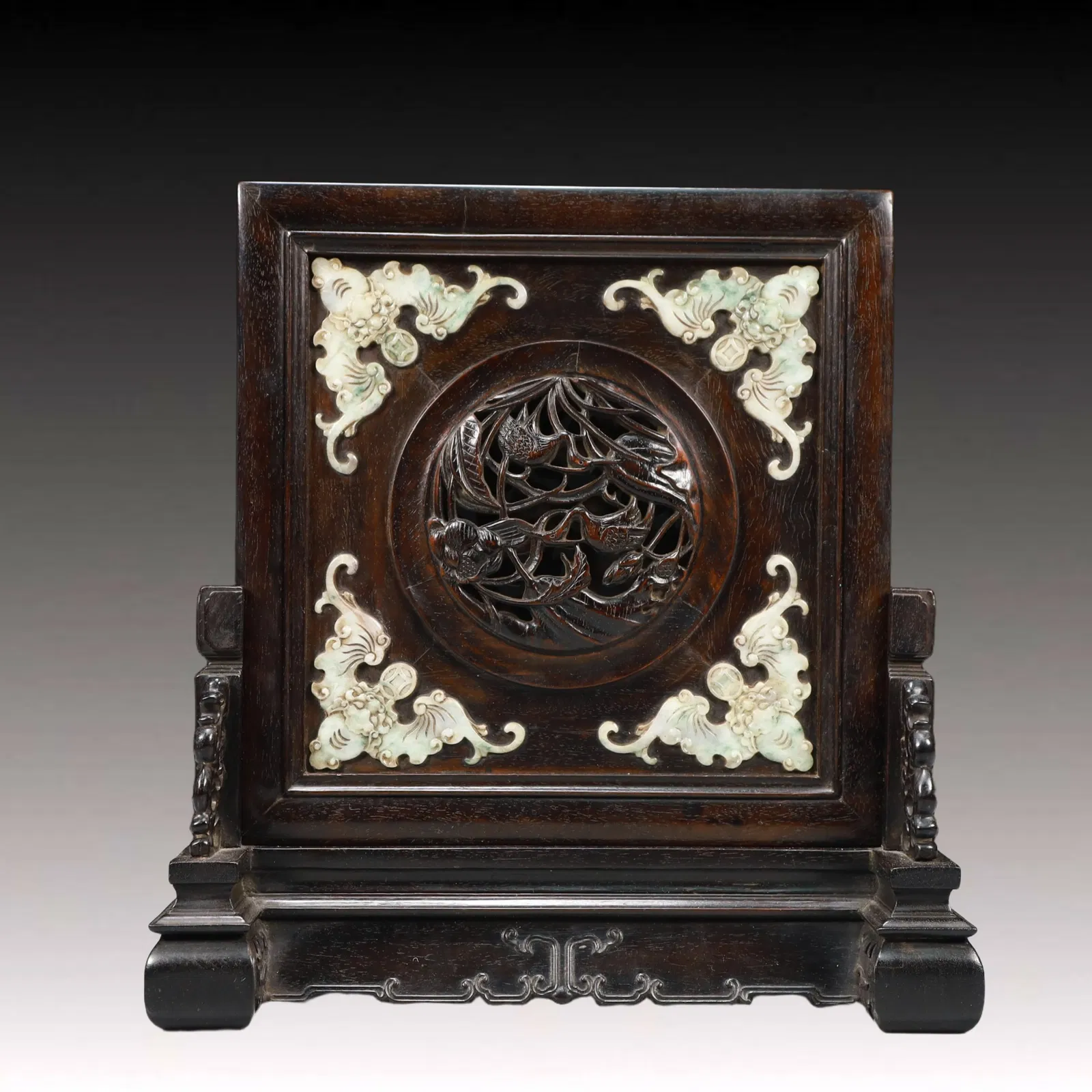 An Exquisite Zitanwood Inlaid Jadeite Bats Pattern Table Screen