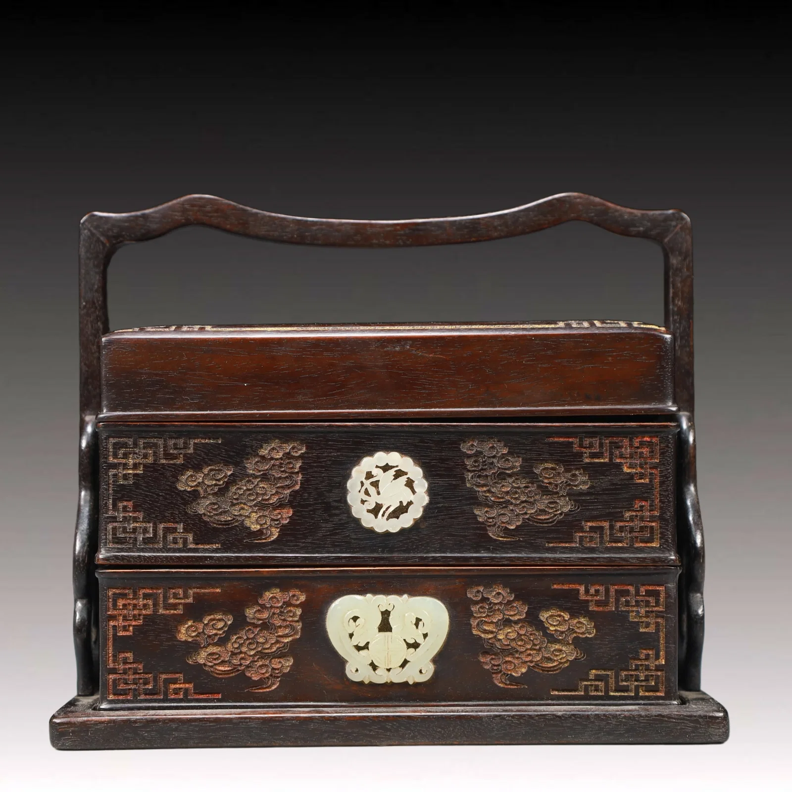 An Exquisite Zitanwood Inlaid White Jade Flower and Bird Pattern Box