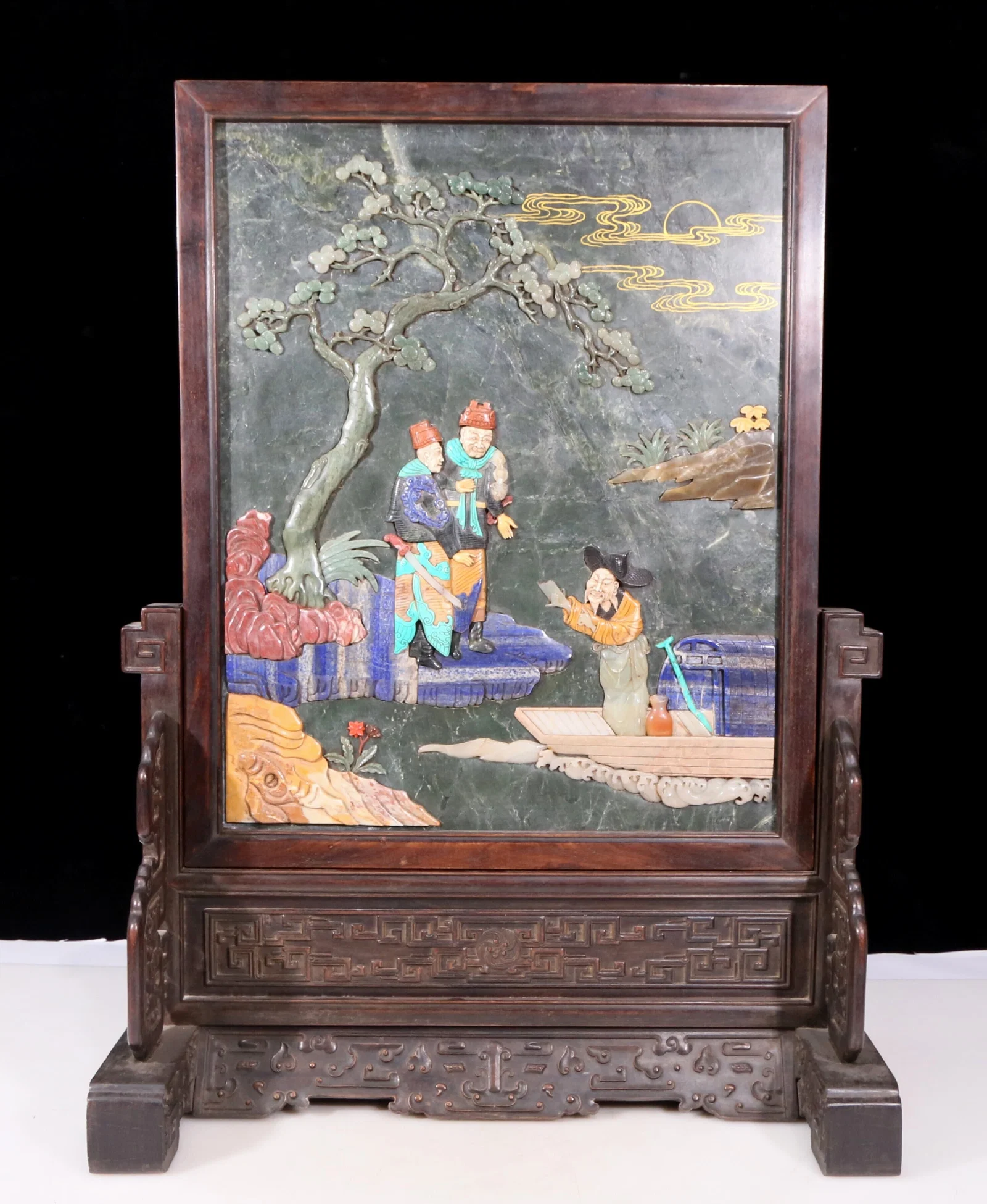 An exquisite zitanwood inlaid with jasper, gold inlaid with gems, landscape and figures pattern