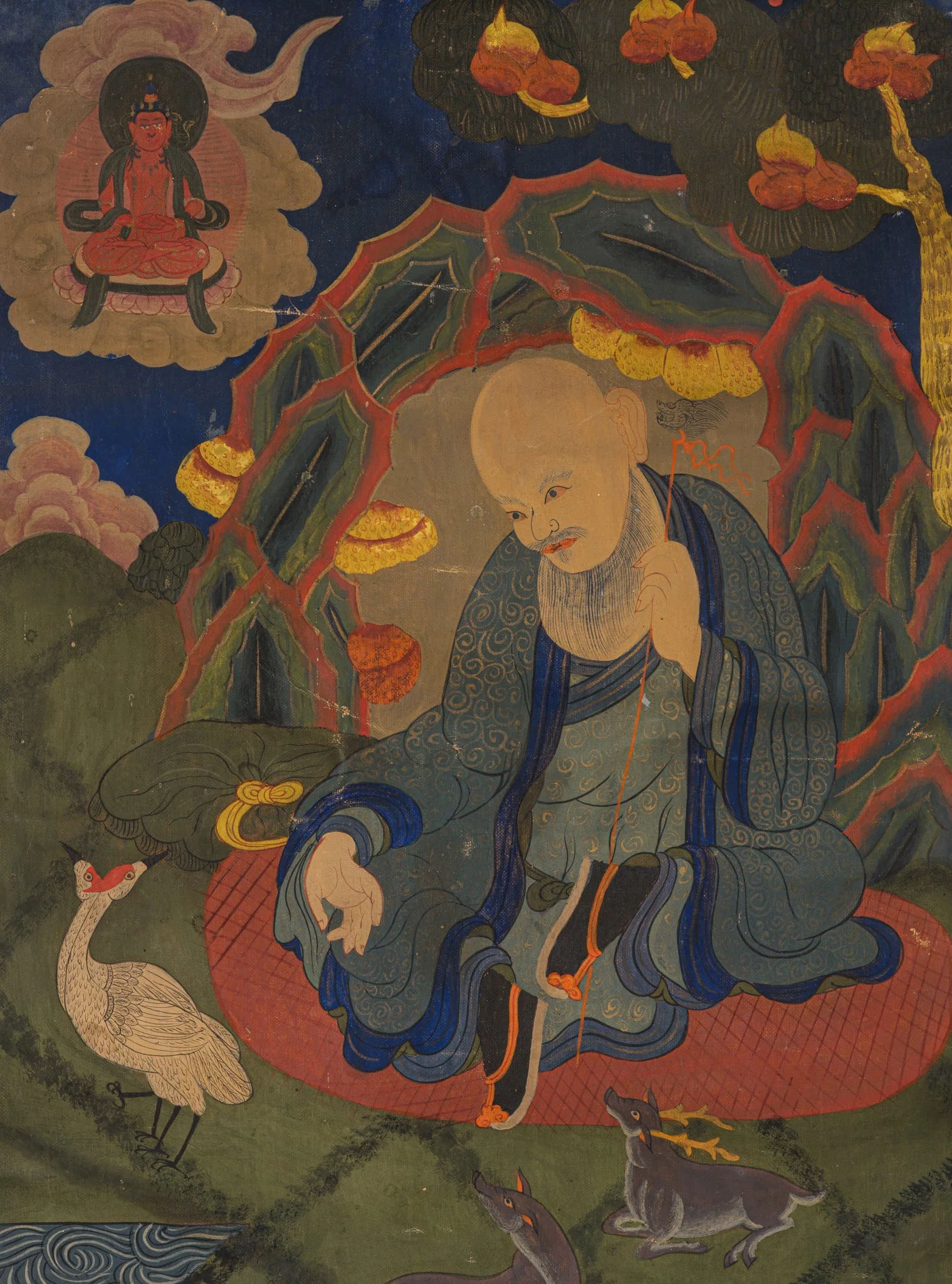 AN EXTREMELY RARE THANGKA DEPICTING SHOULAO AND AMITAYUS, 18TH-19TH CENTURY