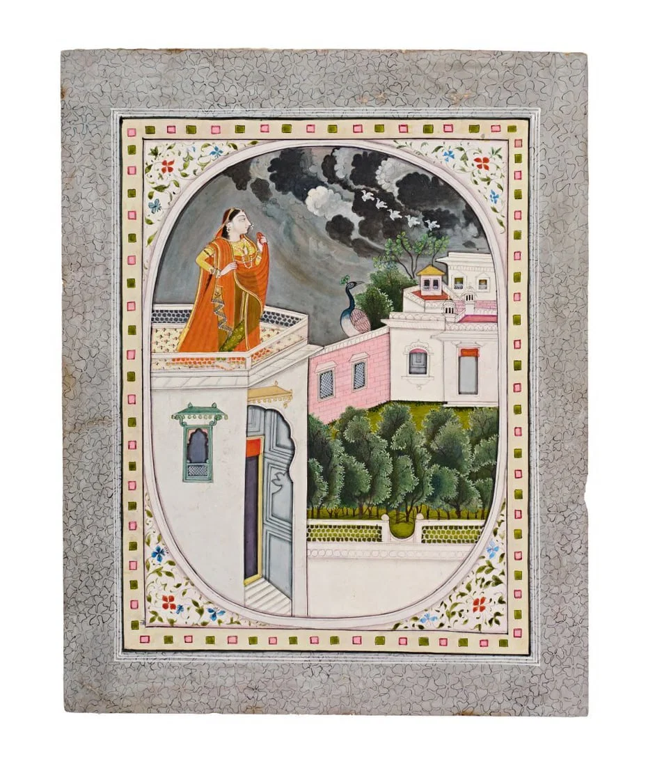 AN ILLUSTRATION FROM A BARAMASA SERIES: MAIDEN ENJOYING THE ARRIVAL OF THE MONSOON ON A PALACE TERRA