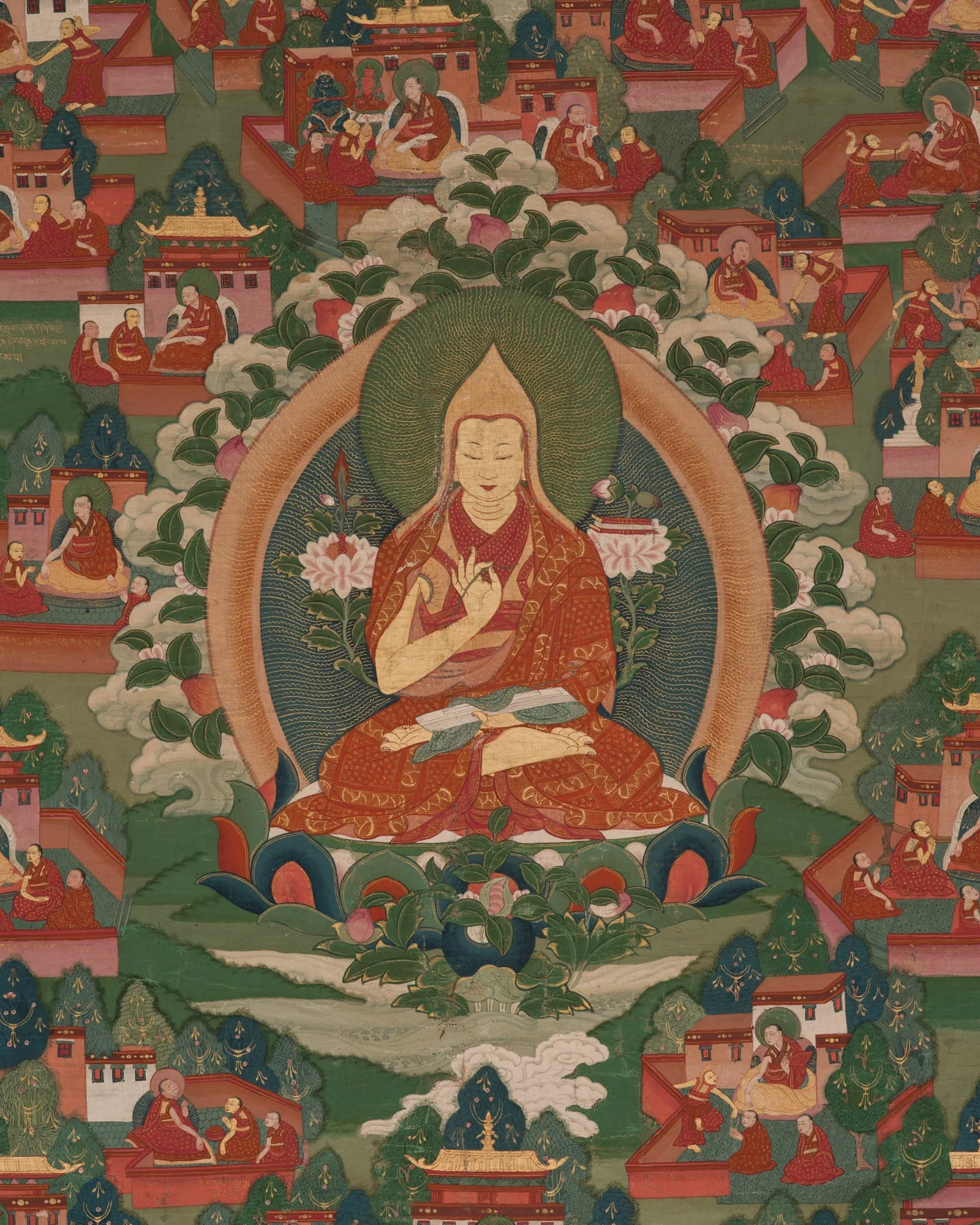 AN INSCRIBED THANGKA WITH TWENTY SCENES FROM THE LIFE OF TSONGKHAPA, 19TH CENTURY