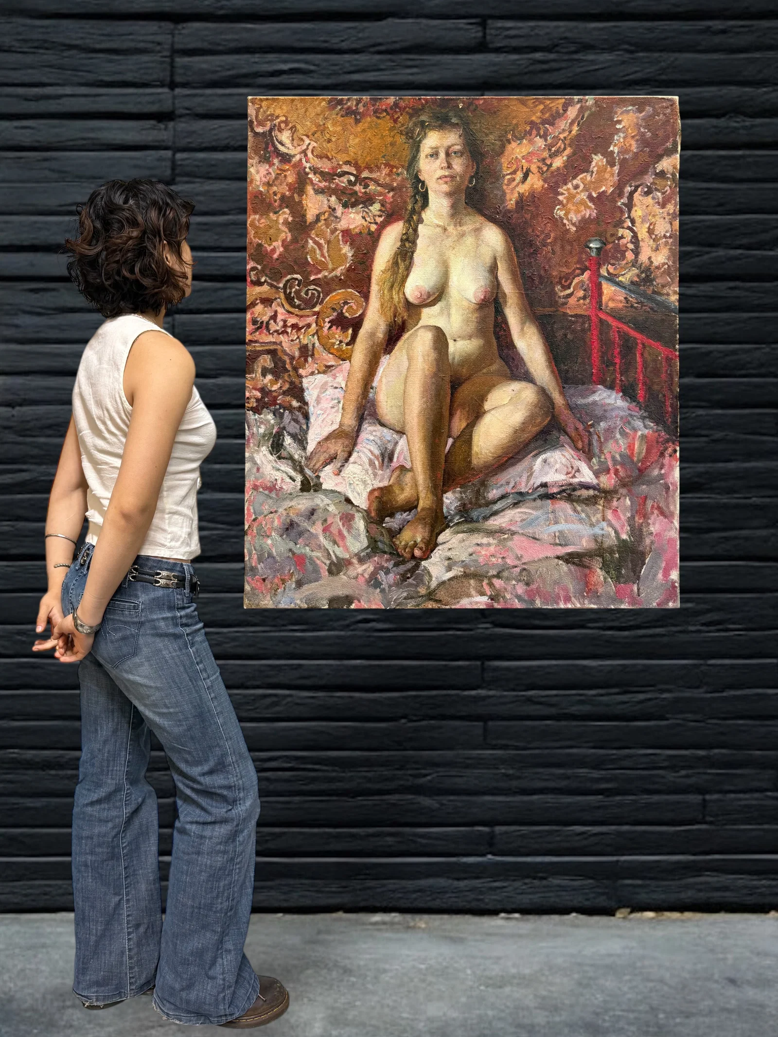An Oil On Canvas Painting Of a Seated Nude on a Patterned Bed by Viktor Lyapkalo