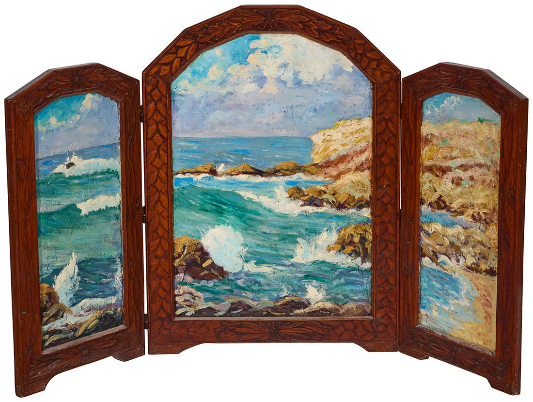 An oil painted wood triptych screen depicting a California coastal scene