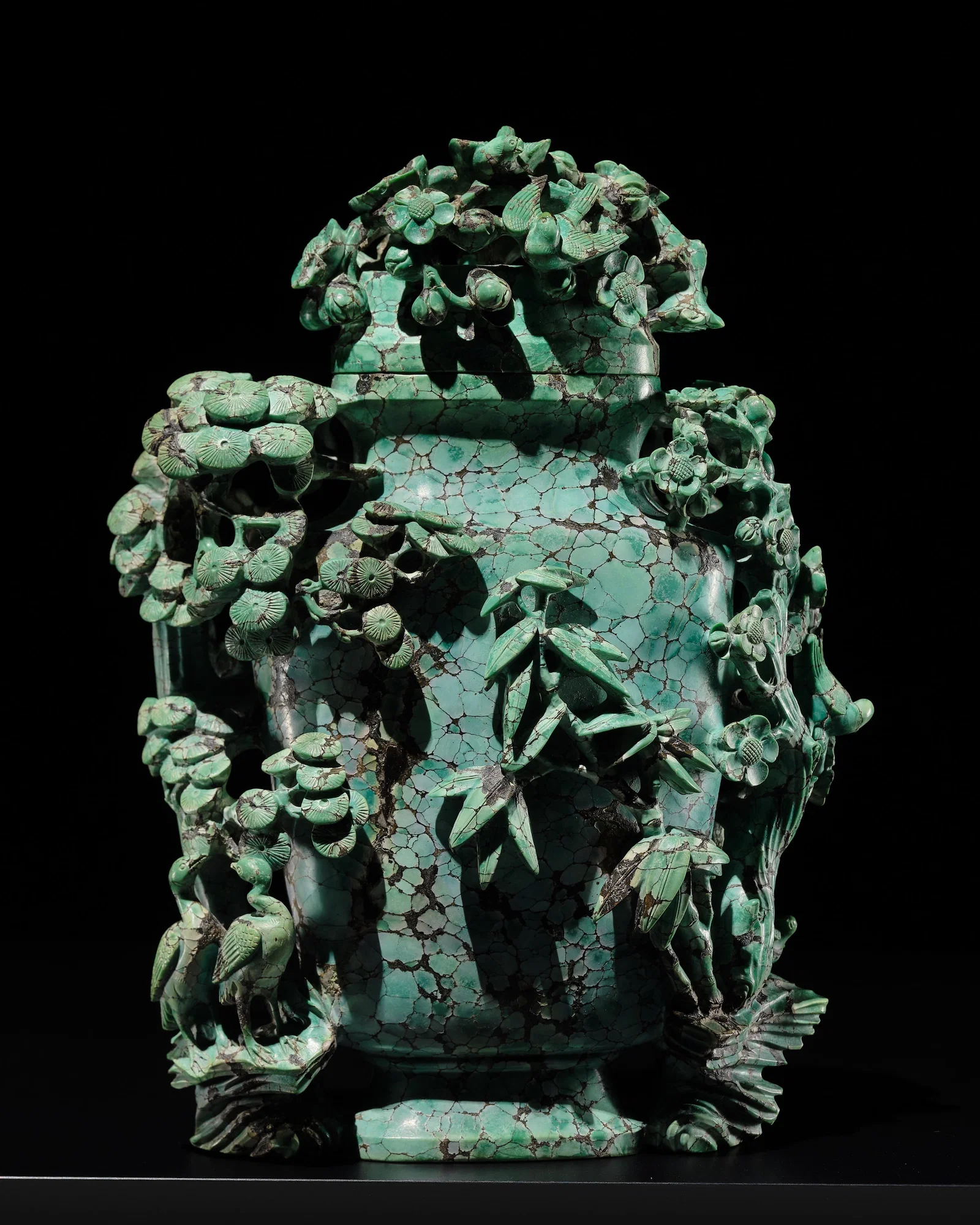 AN OUTSTANDING TURQUOISE 'THREE FRIENDS OF WINTER' VASE AND COVER, QIANLONG PERIOD