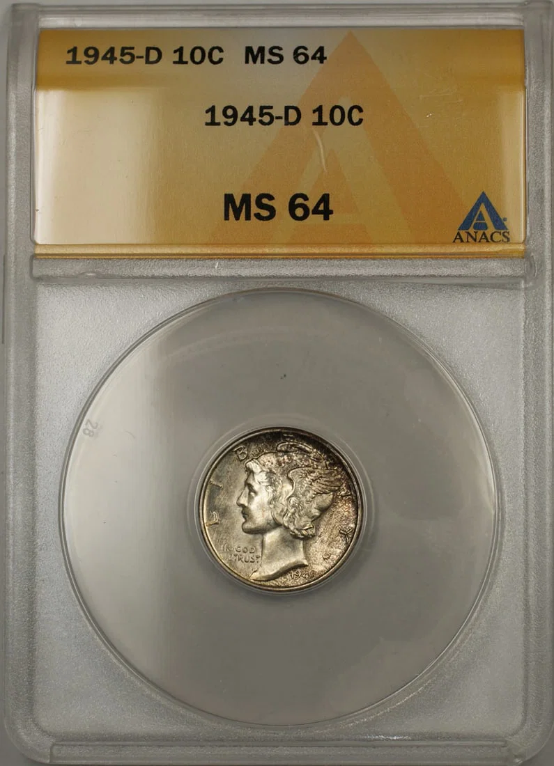 ANACS MS-64 1945-D Denver Mercury Dime Silver 10 Cent Coin