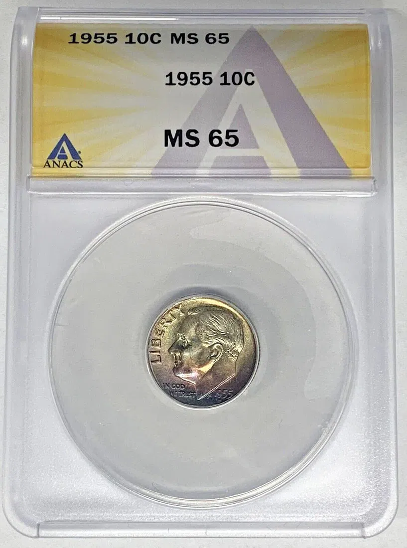ANACS MS 65 1955 Silver Roosevelt Dime Toned Uncirculated 10C Coin