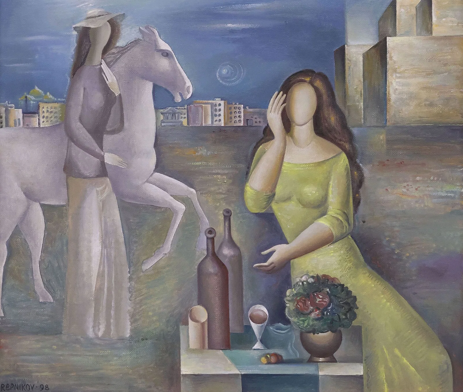 ANATOLIY REPNIKOV (RUSSIAN, 20TH C.) SURREALIST FIGURAL NIGHT PAINTING