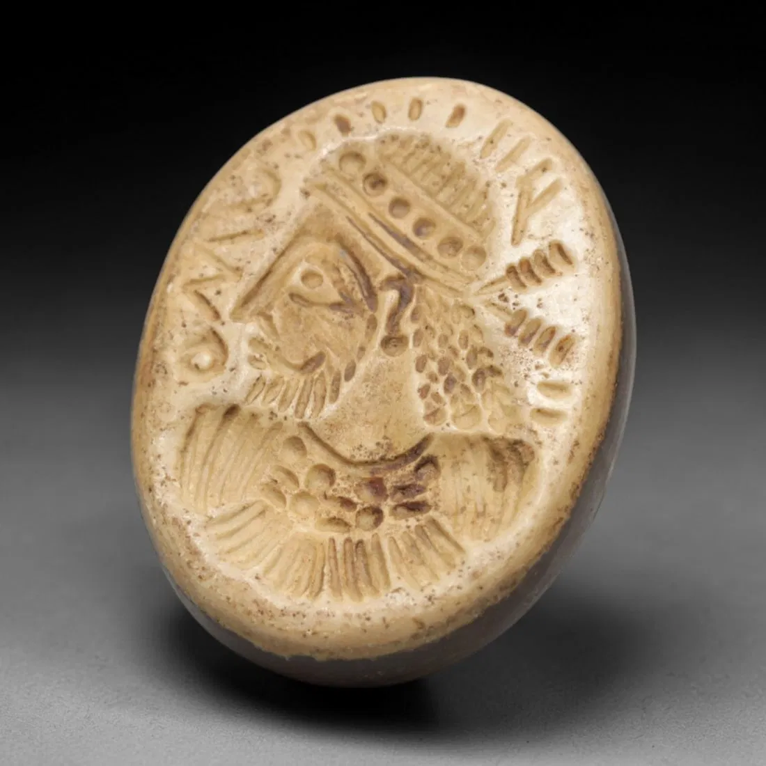 Ancient Agate Intaglio Bead - Near Eastern Crowned Figural Bust with Inscription, 34ZW