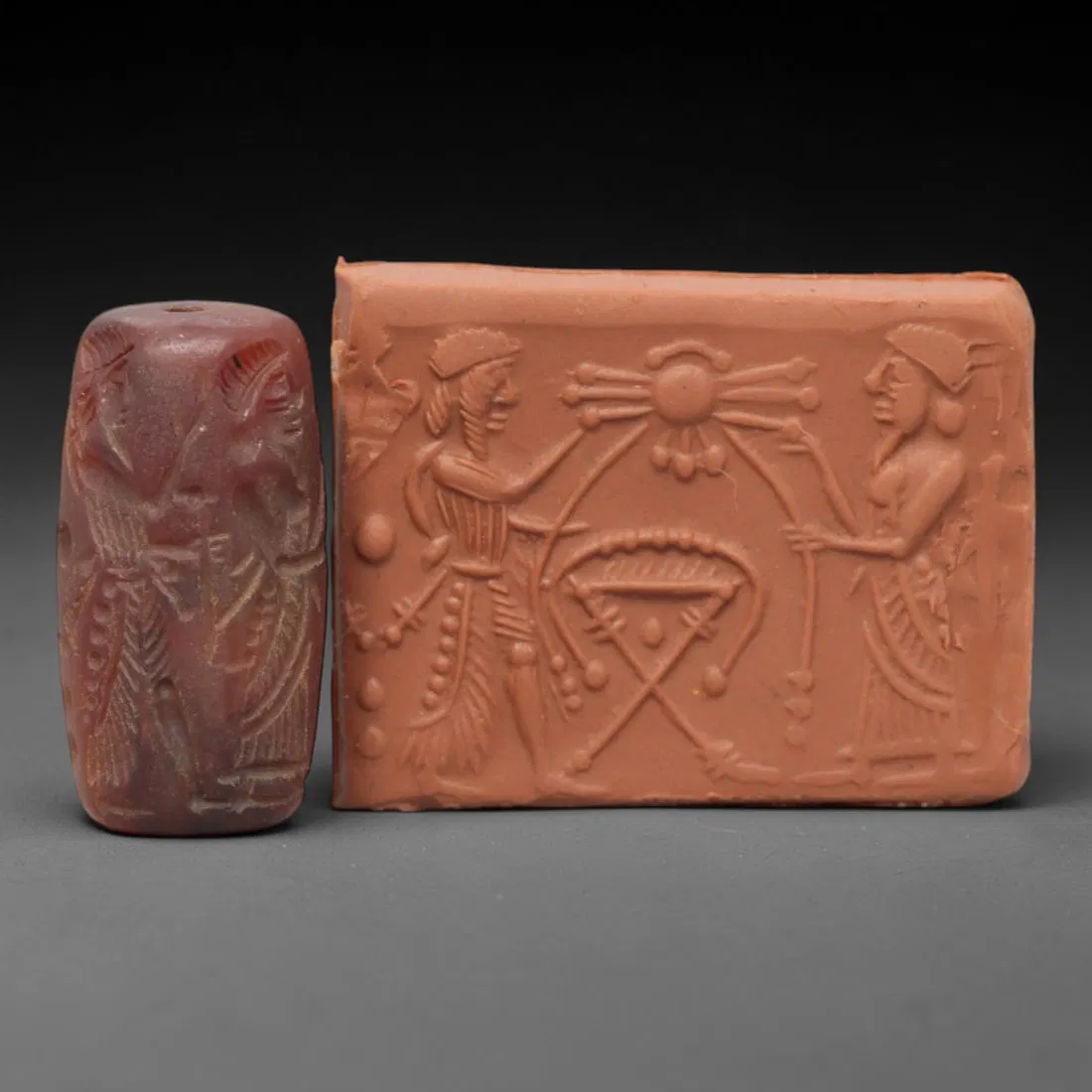 Ancient Carnelian Cylinder Seal - Mesopotamian Divine Ritual & Sacred Emblem Scene, 57AL