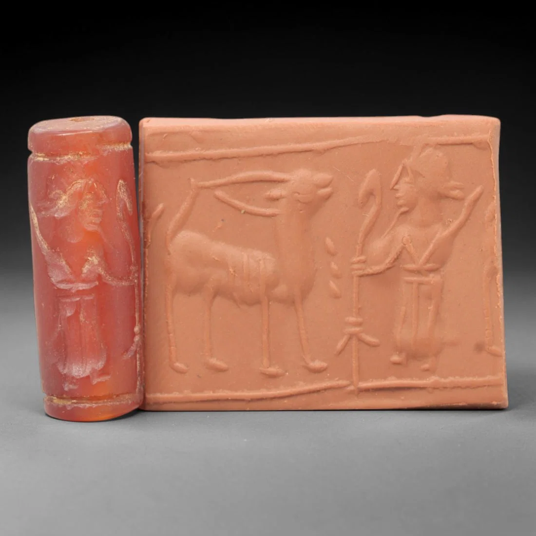 Ancient Carnelian Cylinder Seal - Mesopotamian Ibex & Winged Figure Scene, 71ZS