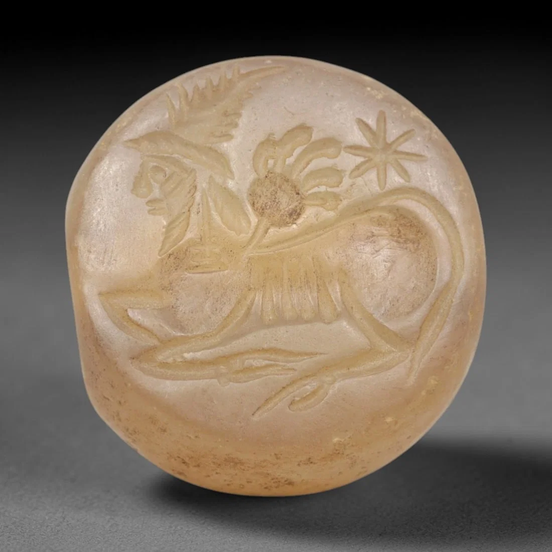 Ancient Chalcedony Hemispherical Stamp Seal - Near Eastern Sphinx & Celestial Symbol, 38ZP