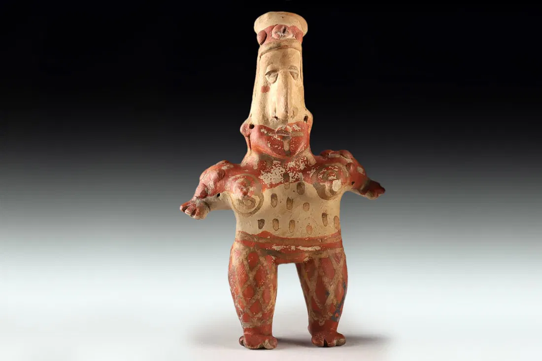 Ancient Pre Columbian Jalisco Pottery Female Standing Figure With Long Head, Ca 300 BCE to 300 AD